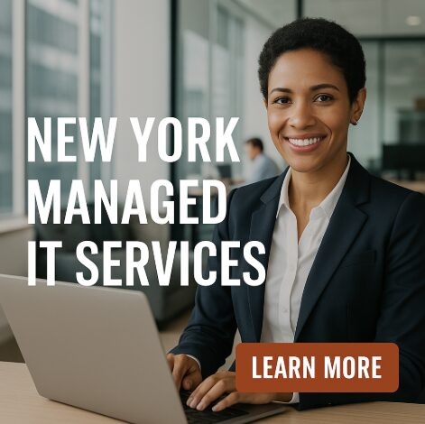 Smiling IT professional in modern NYC office with bold text promoting NYC Managed IT Services and a Learn More button.