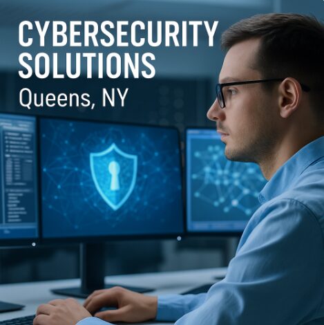 Focused IT professional at desk with cybersecurity dashboard and shield icon on screen, promoting Cybersecurity Services in Queens, NY.