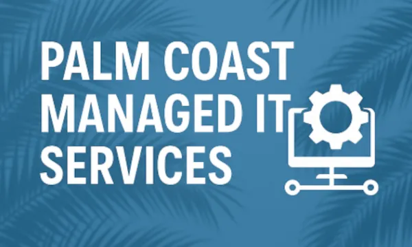 Promotional graphic for Palm Coast featuring a tech gear icon and palm fronds in the background promoting Palm Coast Managed IT Services.