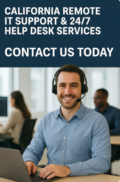 Friendly IT specialist wearing a headset, smiling at the camera in a modern office. Text above reads "24/7 Help Desk Services in California - Contact Us Today," encouraging businesses to reach out for support.