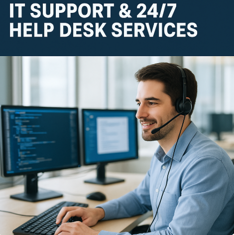 Professional IT technician at desk with headset, providing California Remote IT Support. Multiple monitors, modern office environment, and service branding visible.