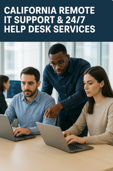 Diverse IT team collaborating in a modern office, providing remote IT services in California. Team members working together on laptops and monitors, demonstrating teamwork and technical expertise.