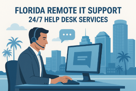 Professional IT technician at desk with headset, providing Florida Remote IT Support. Multiple monitors, modern office environment, and service branding visible.