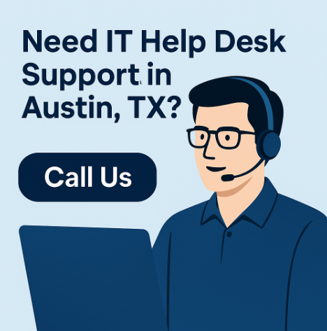 Friendly IT specialist wearing a headset, smiling at the camera in a modern office. Text above reads "24/7 Help Desk Services in Dallas, Texas - Call Us" encouraging businesses to reach out for support.