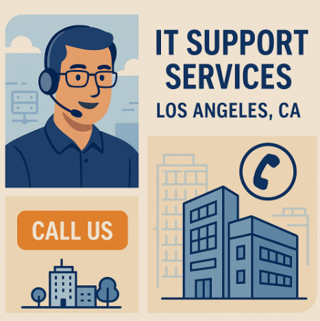 Call to action graphic for IT Helpdesk services in Los Angeles, CA with technician illustration and Call Us button