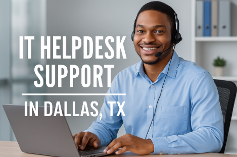 Professional IT technician at desk with headset, providing remote IT support in Dallas, Texas. Multiple monitors, modern office environment, and service branding visible.