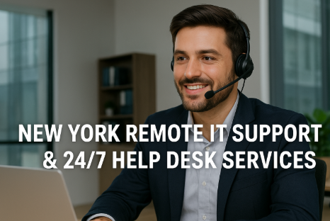 Professional IT technician at desk with headset, providing remote IT support in New York. Multiple monitors, modern office environment, and service branding visible.
