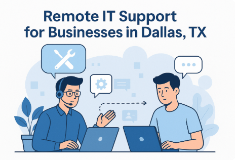 Diverse IT team collaborating in a modern office, providing remote IT services in Dallas, Texas. Team members working together on laptops and monitors, demonstrating teamwork and technical expertise.