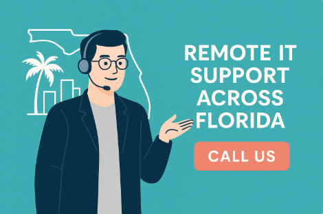 Friendly IT specialist wearing a headset, smiling at the camera in a modern office. Text above reads "24/7 Help Desk Services in Florida - Call Us," encouraging businesses to reach out for support.