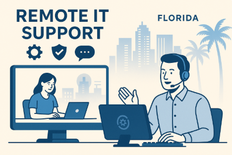 Diverse IT team collaborating in a modern office, providing remote IT services in Florida. Team members working together on laptops and monitors, demonstrating teamwork and technical expertise.