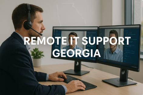Professional IT technician at desk with headset, providing Georgia Remote IT Support. Multiple monitors, modern office environment, and service branding visible.