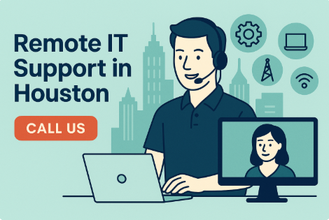 Friendly IT specialist wearing a headset, smiling at the camera in a modern office. Text above reads "24/7 Help Desk Services in Houston, Texas - Call Us" encouraging businesses to reach out for support.