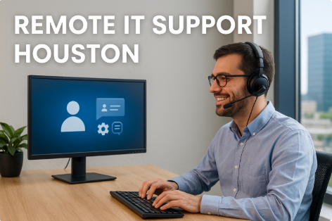 Professional IT technician at desk with headset, providing Houston Remote IT Support Multiple monitors, modern office environment, and service branding visible.