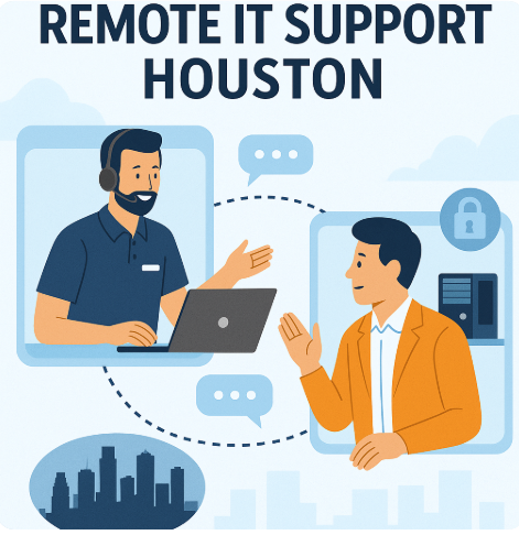 Diverse IT team collaborating in a modern office, providing remote IT services in Houston, Texas. Team members working together on laptops and monitors, demonstrating teamwork and technical expertise.