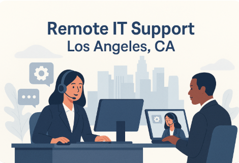 Illustration of remote IT support in Los Angeles, CA with technician and business user communicating online.