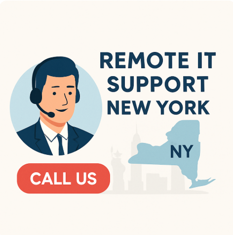 Friendly IT specialist wearing a headset, smiling at the camera in a modern office. Text above reads "24/7 Help Desk Services in New York - Call Us" encouraging businesses to reach out for support.