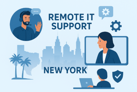 Diverse IT team collaborating in a modern office, providing remote IT services in New York. Team members working together on laptops and monitors, demonstrating teamwork and technical expertise.