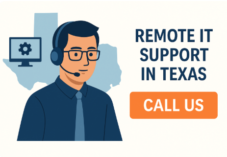 Friendly IT specialist wearing a headset, smiling at the camera in a modern office. Text above reads "24/7 Help Desk Services in Texas - Call Us," encouraging businesses to reach out for support.