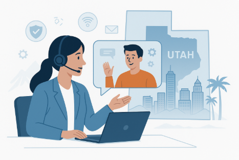 Illustration of a female IT technician providing remote support in Utah via video call, with state outline and Salt Lake City skyline in the background.