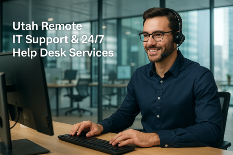 Professional IT technician in Utah providing remote IT support and 24/7 help desk services from a modern office environment.
