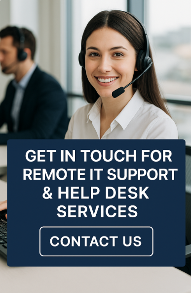 Call to action image for remote IT support and help desk services featuring a smiling female technician wearing a headset in a modern office.