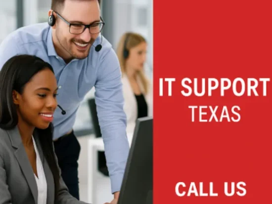 Smiling IT professional assisting a colleague in a modern office with bold red banner text promoting IT Support in Texas and a call to action.