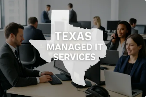 Modern office environment with employees working and a Texas state silhouette overlay promoting Texas Managed IT Services.