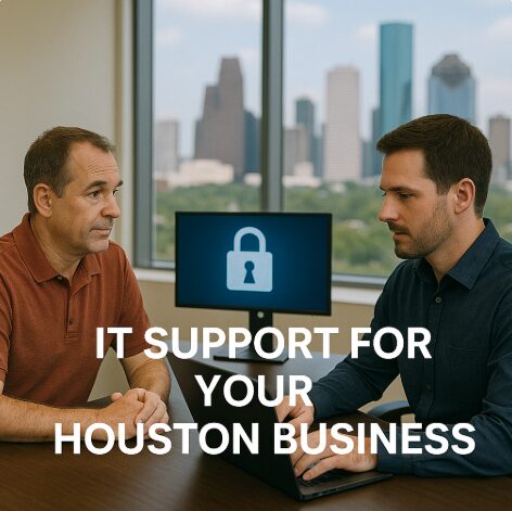 "IT technician consulting with a small business owner in a modern Houston office, with a padlock icon on the monitor and the text 'IT Support in Houston, Texas' overlaid on the image."