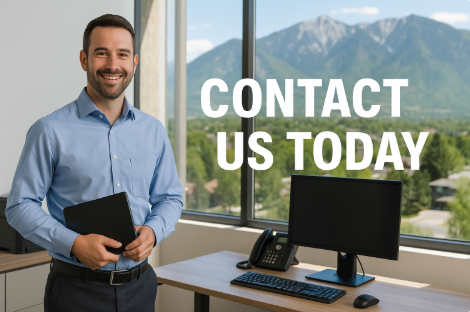 IT support consultant with tablet in a modern Alpine, Utah office, Wasatch Mountains in the background, “Contact Us Today” overlay.