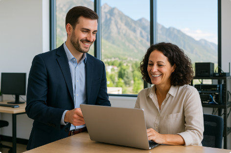 IT consultant meeting with a small business owner in a modern Alpine, Utah office with mountain views, representing managed IT services.