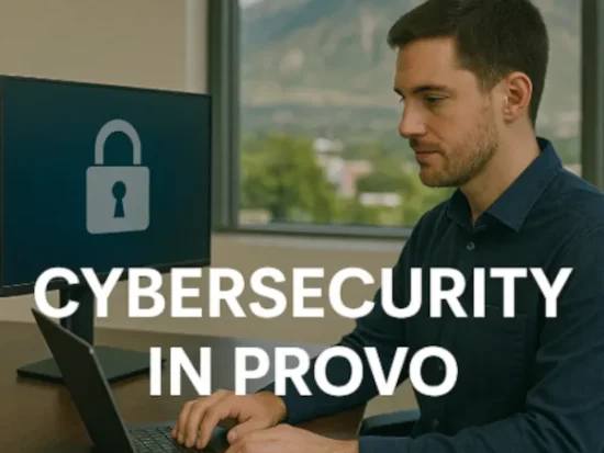 "Cybersecurity professional working on a laptop in a modern Provo office with a padlock icon on a monitor and scenic mountains visible through the window, with the text 'Cybersecurity Services in Provo, Utah' overlaid on the image."