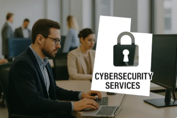 Professional office setting with employees working on computers, overlaid with Utah state shape and padlock icon promoting Cybersecurity Services in Utah.