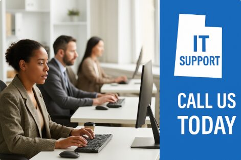 Office employees working at desks with a bold blue banner promoting IT Support in Utah and a call to action saying Call Us Today.