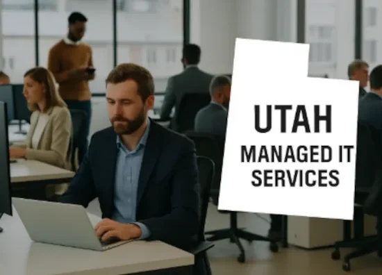 Professional office environment with employees working and Utah state outline promoting Utah Managed IT Services.
