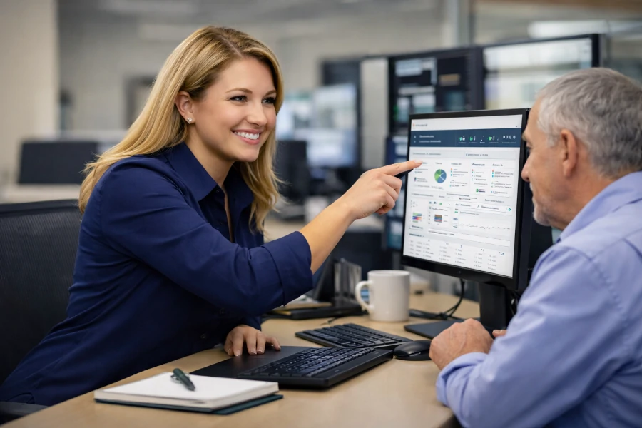 IT technician assisting a business client with managed IT services and system monitoring