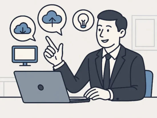 Illustration of a business technology consultant in a suit using a laptop and pointing toward cloud, lightbulb, and computer monitor icons.