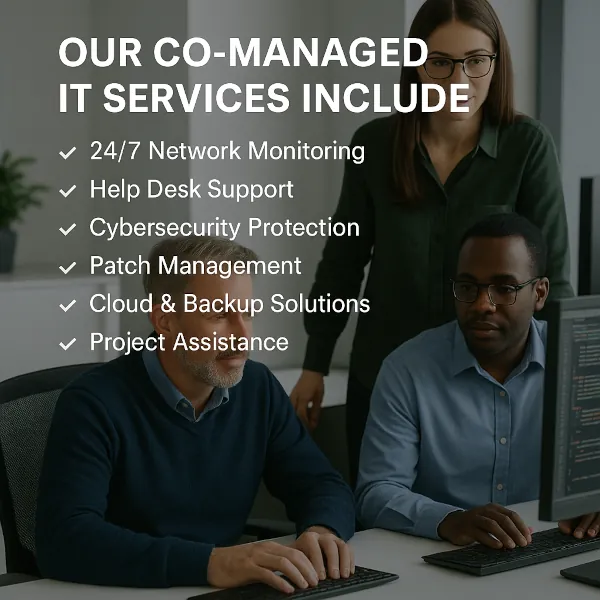 Co-managed IT support team monitoring network systems and assisting internal IT departments