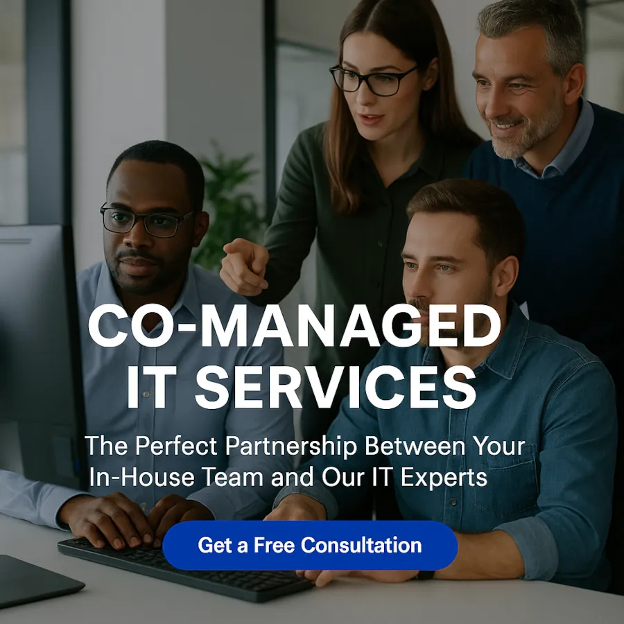 IT professionals collaborating with an internal IT team to provide co-managed IT services for businesses.