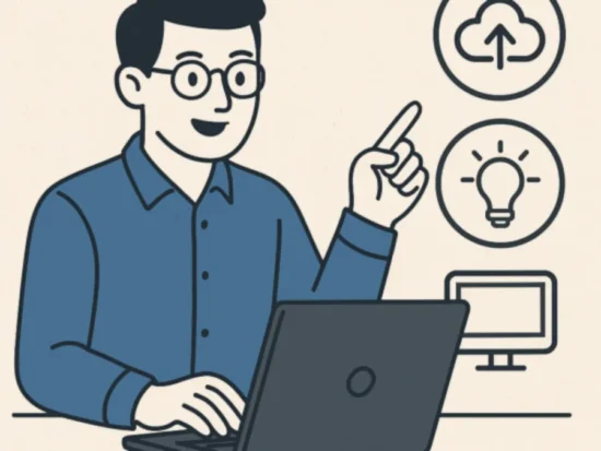 Illustration of an IT consulting professional in glasses using a laptop and pointing toward icons of cloud upload, lightbulb, and computer monitor.