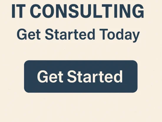 Call-to-action graphic with the text "IT CONSULTING Get Started Today" and a navy blue button labeled "Get Started."