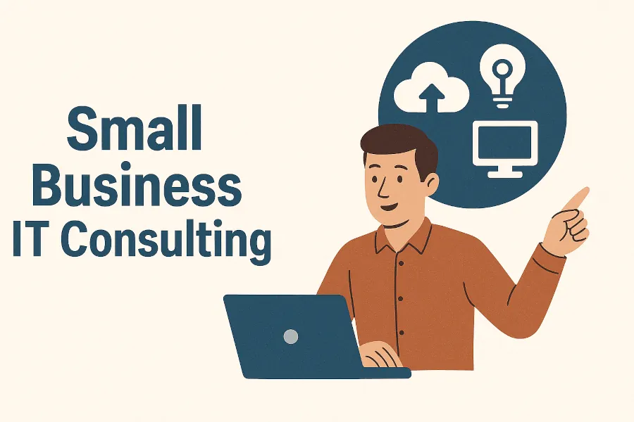 Illustration of an IT consultant at a laptop pointing toward icons of cloud upload, lightbulb, and monitor, representing small business IT consulting services.