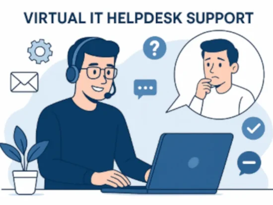 Illustration of a virtual IT helpdesk technician assisting a remote user through online support tools.