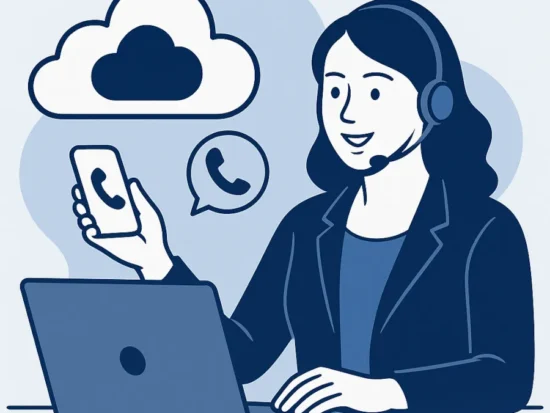 Business professional using VoIP cloud phone system on a laptop, representing Business VoIP Services for small and medium-sized businesses.